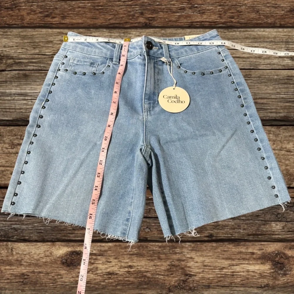 Camila Coelho High Waist Midi Studded‎ Denim Shorts Light Wash Blue Boho Rocker